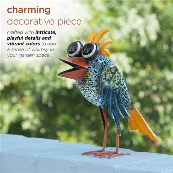 11" Tall Metal Wide-Eyed Bird Standing Yard Statue Decoration,Multicolor Outdoor - Picture 3 of 6